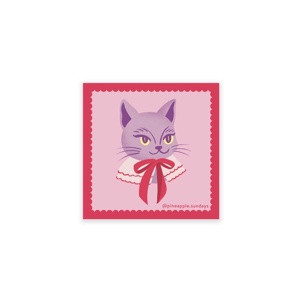 Purple Cat with red bow on a light pink background and red scalloped edges.