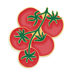 5 red tomatoes on a green vine on a white background.