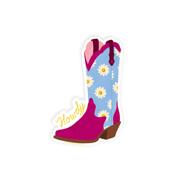 Floral Boot Sticker, blue and pink with yellow smiley face daisy flowers and cursive howdy letters