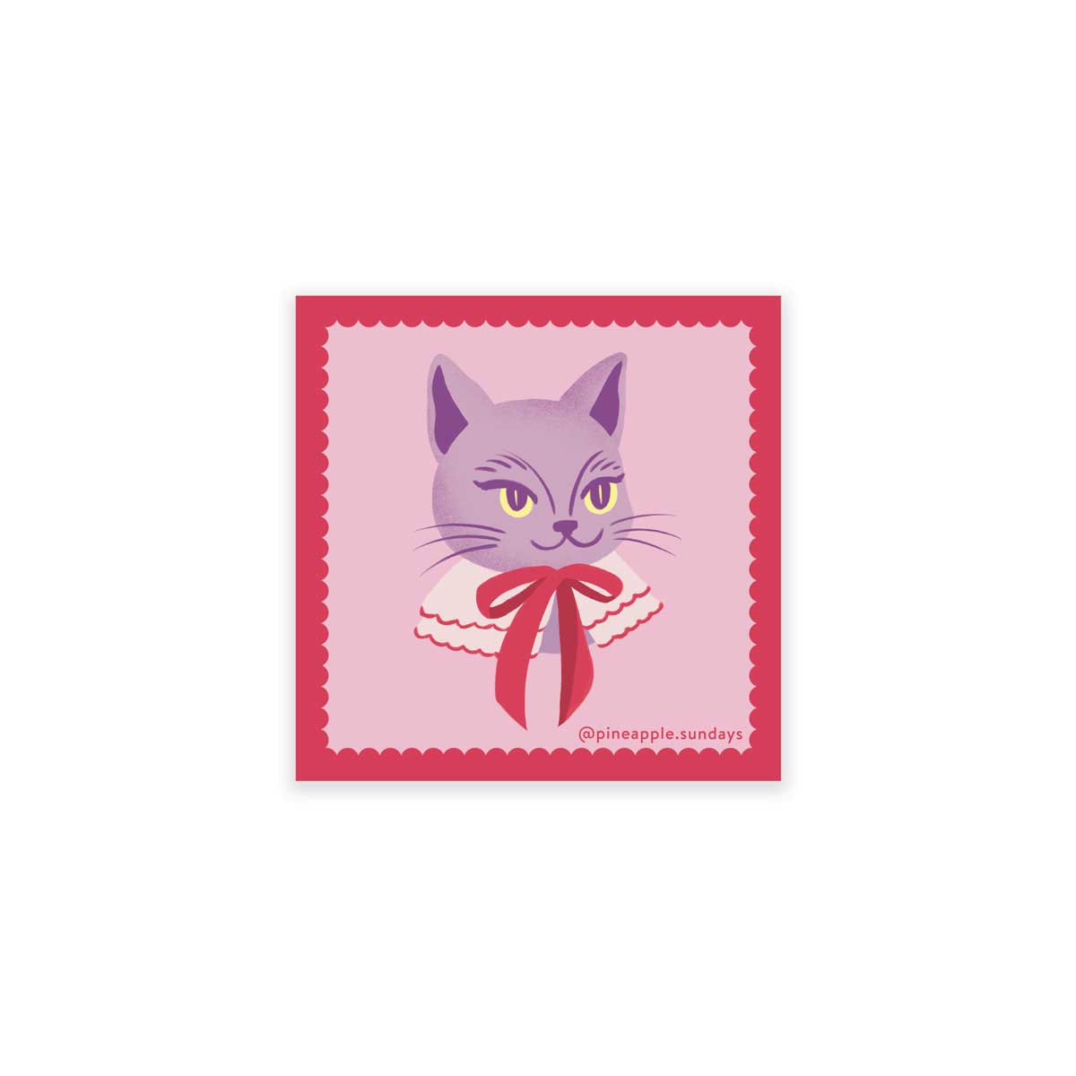 Purple Cat with red bow on a light pink background and red scalloped edges.