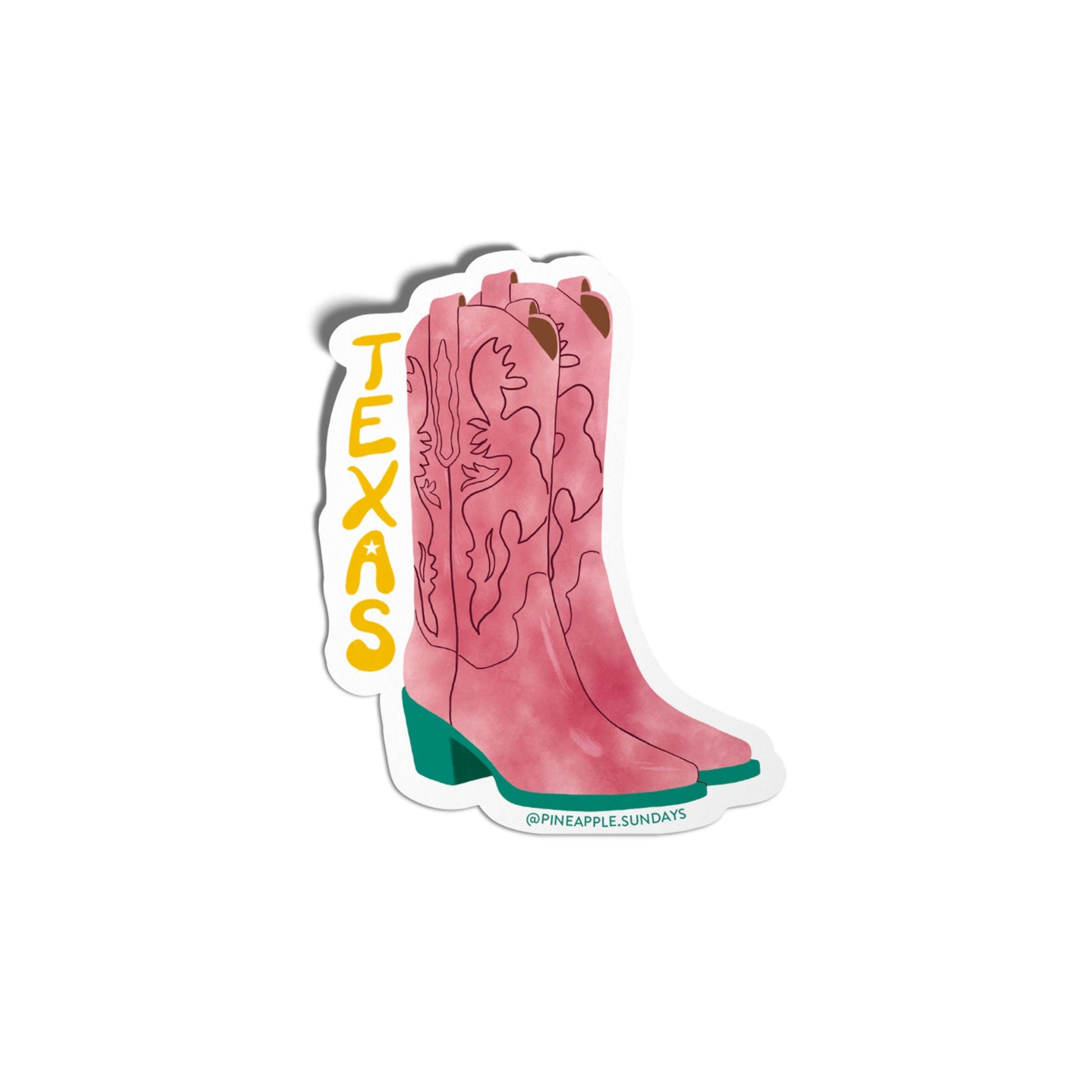 Pink cowboy boot with 'Texas' text on a white background. Pineapple Sundays Design Studio.