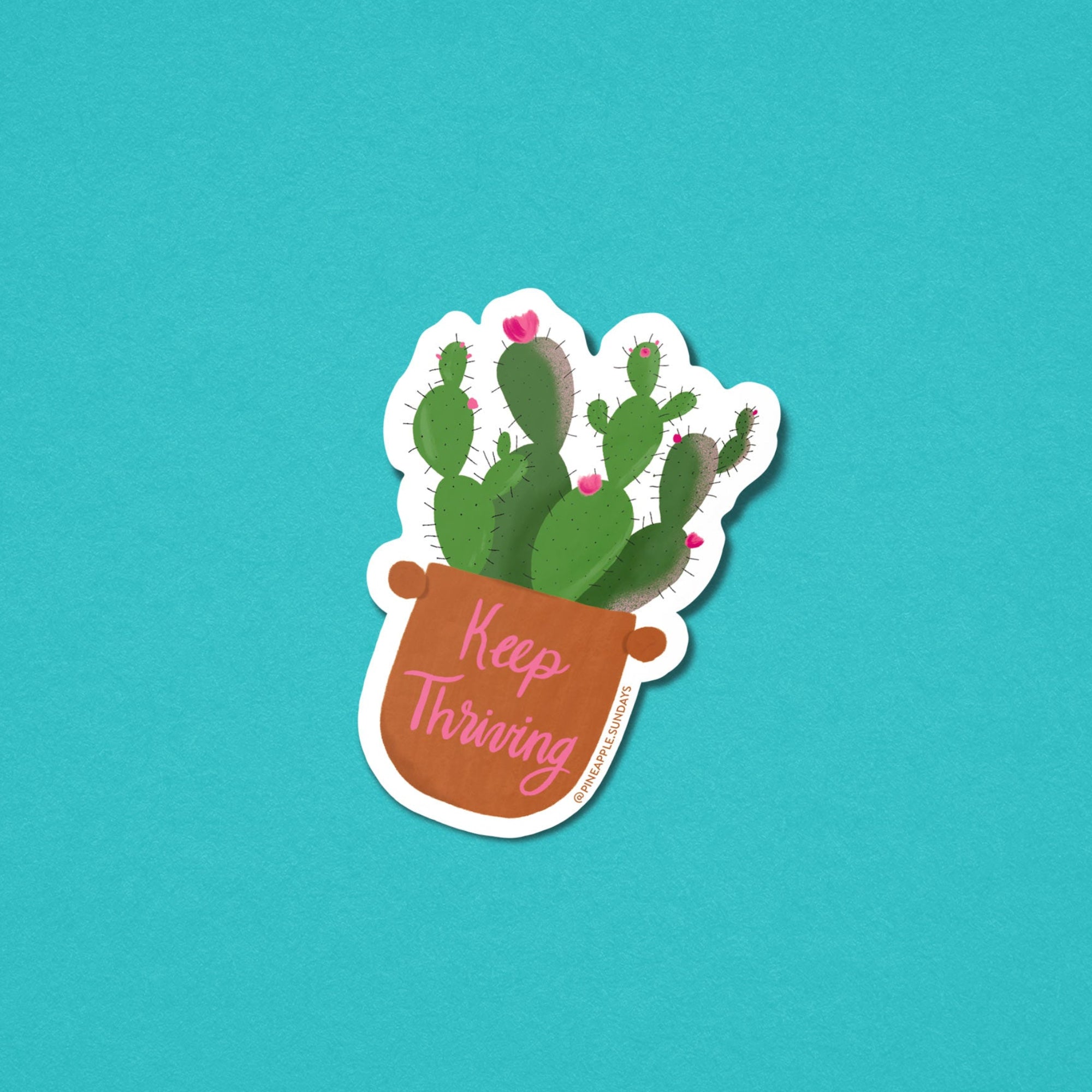Sticker with a cactus plant and 'Keep Thriving' text on a teal background