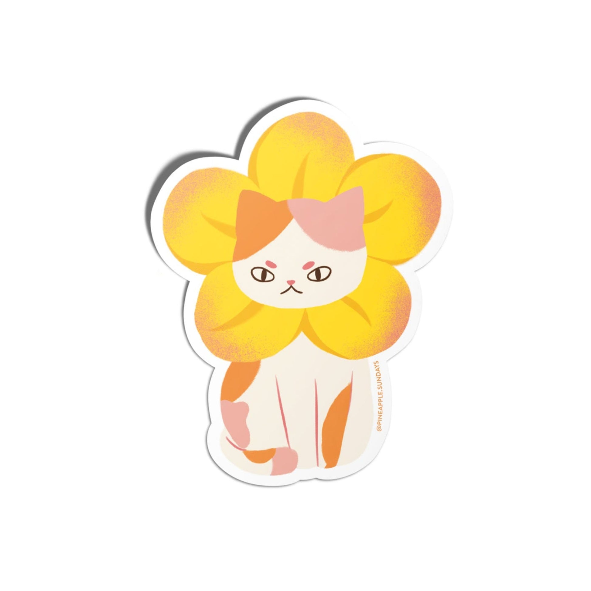 Cartoon cat with a flower on its head on a white background