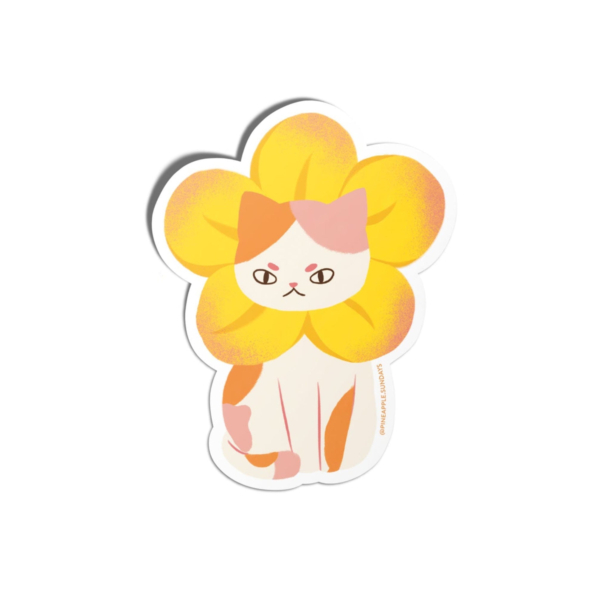 Cartoon cat with a flower on its head on a white background