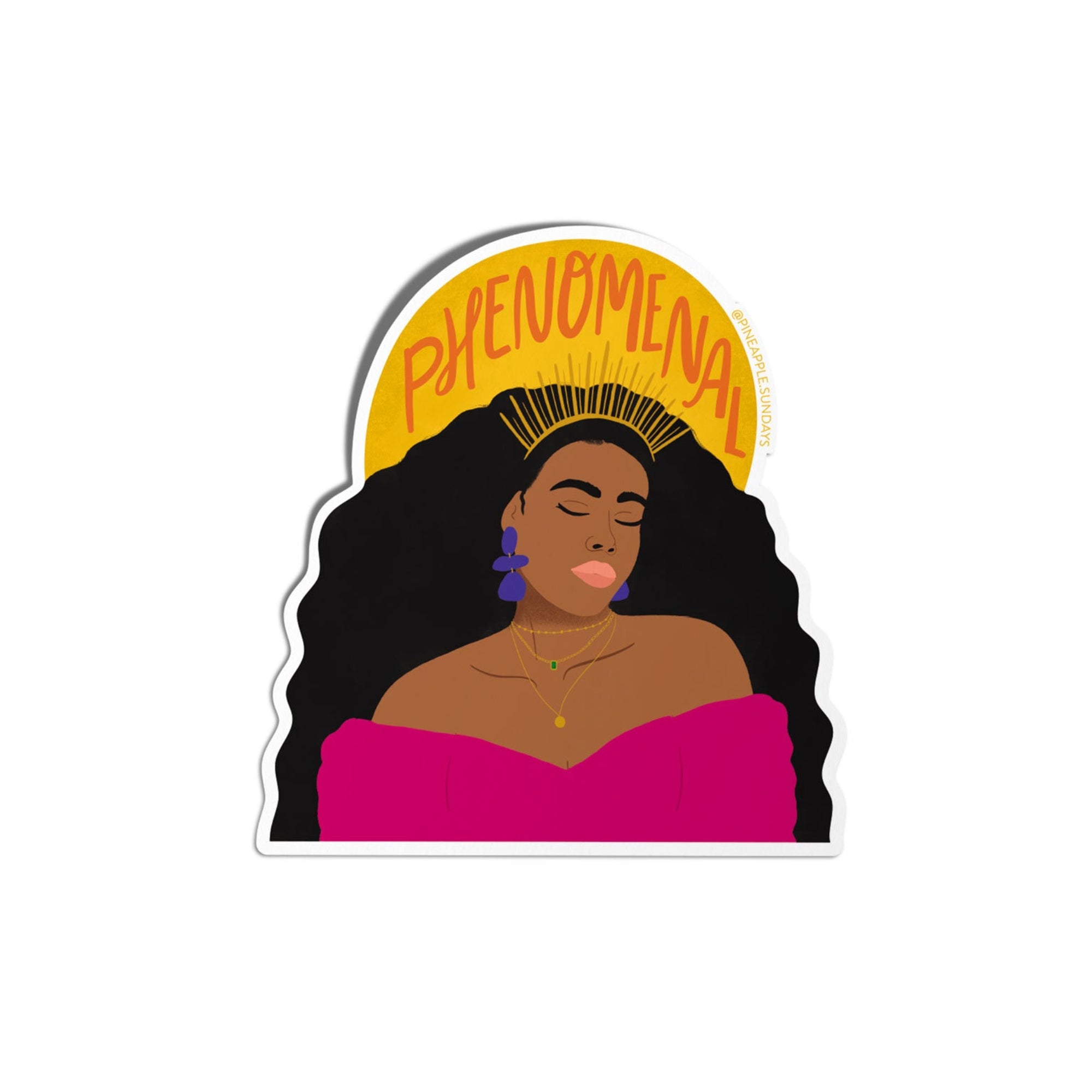 Sticker of a black woman with 'PHENOMENAL' text on a white background. Pineapple Sundays Design Studio. Black Owned Shop & Stationery Company