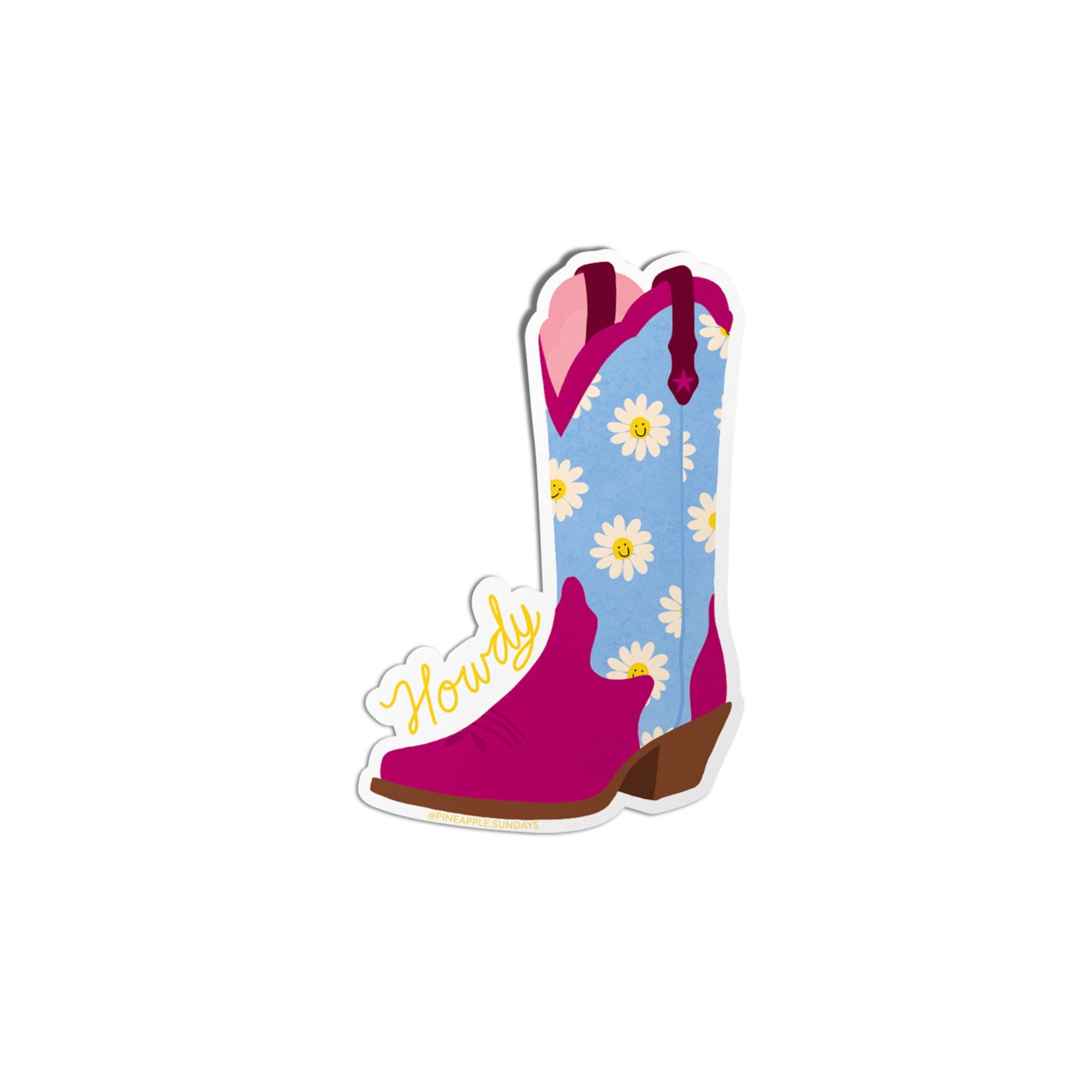 Colorful cowboy boot with floral pattern and 'Howdy!' text on a white background