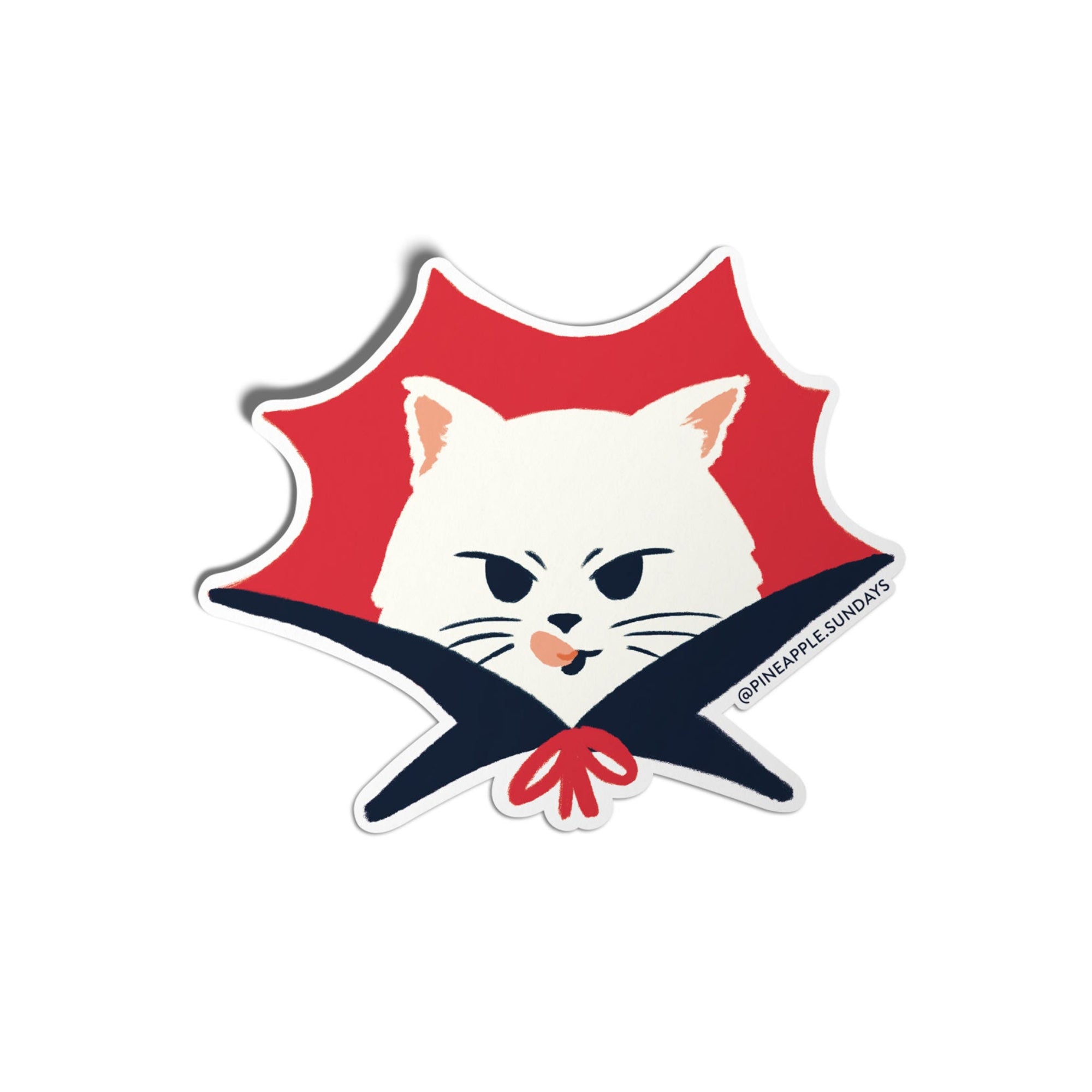 White cat dressed as dracula. Pineapple Sundays Design Studio. Black Owned, woman owned business.