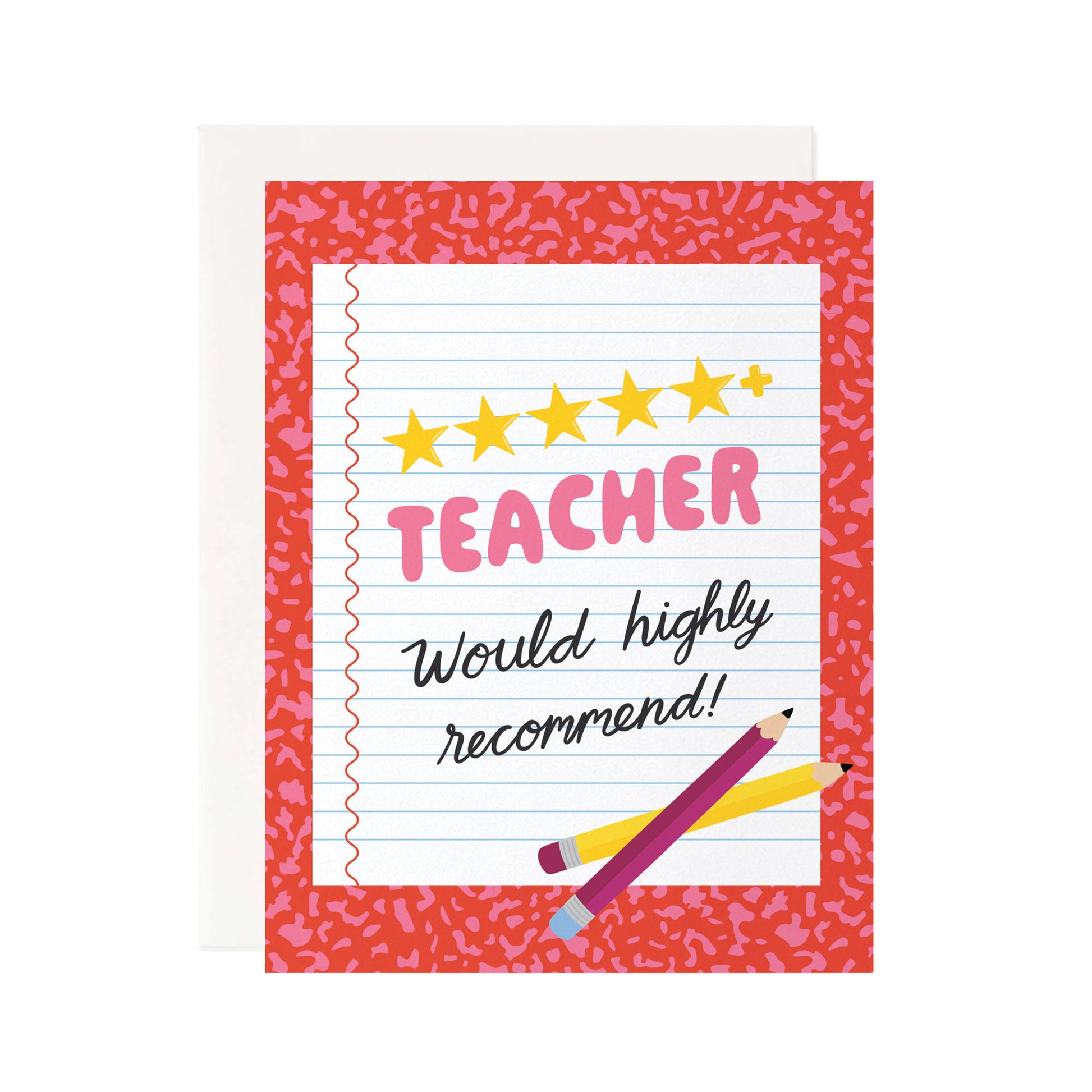 Card with 'Teacher would highly recommend' text and star ratings on a pink composition border pattern. Pineapple Sundays Design Studio.