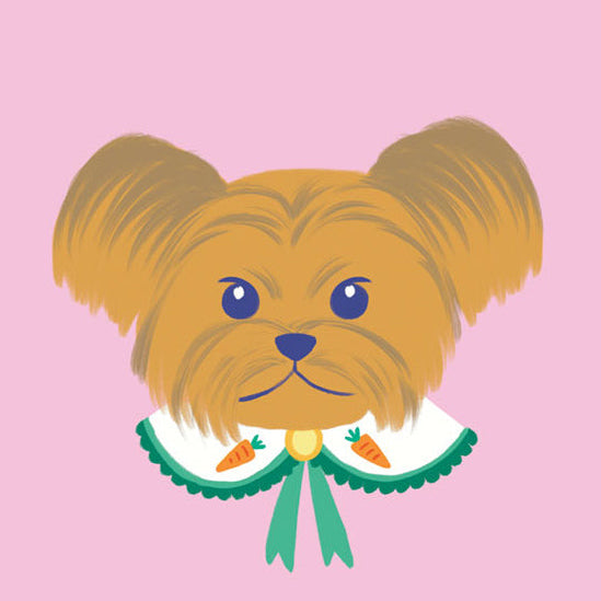 Illustration of a dog with a green bow on a pink background